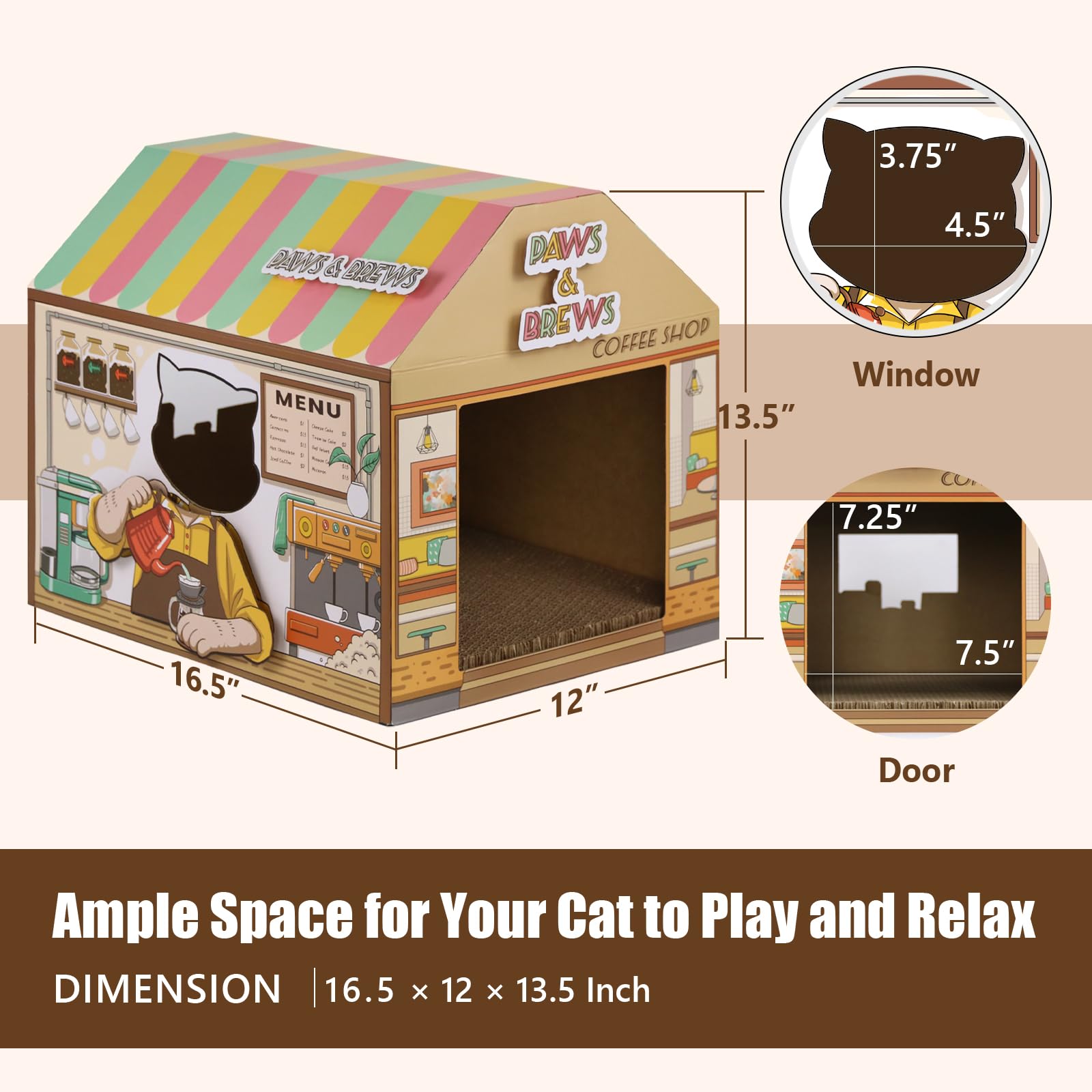 Sekam Cardboard Cat House With Scratcher/Catnip,(16.5'X12'X15') Kitty Coffee Shop For Indoor/Outdoor Cats,Cat Play House&Home